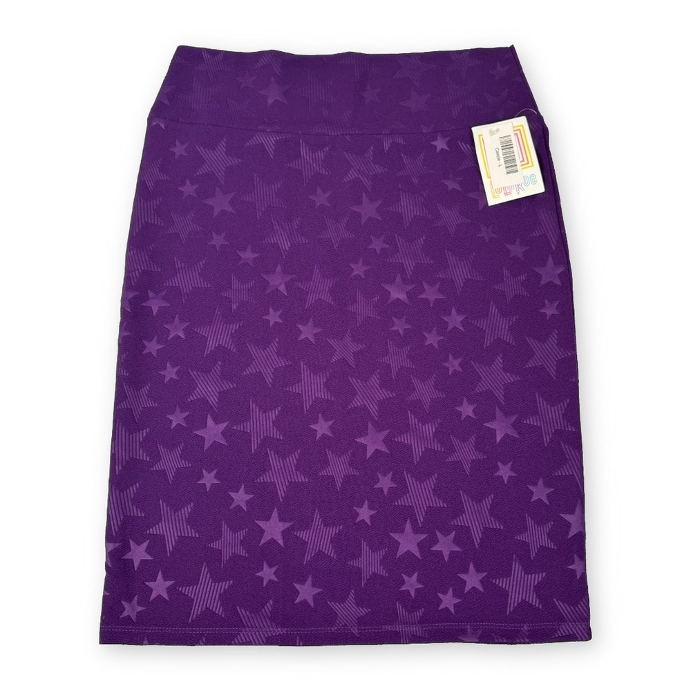 LuLaRoe Cassie Skirt Womens Large Purple Star Pattern Pencil Straight Knee Skirt